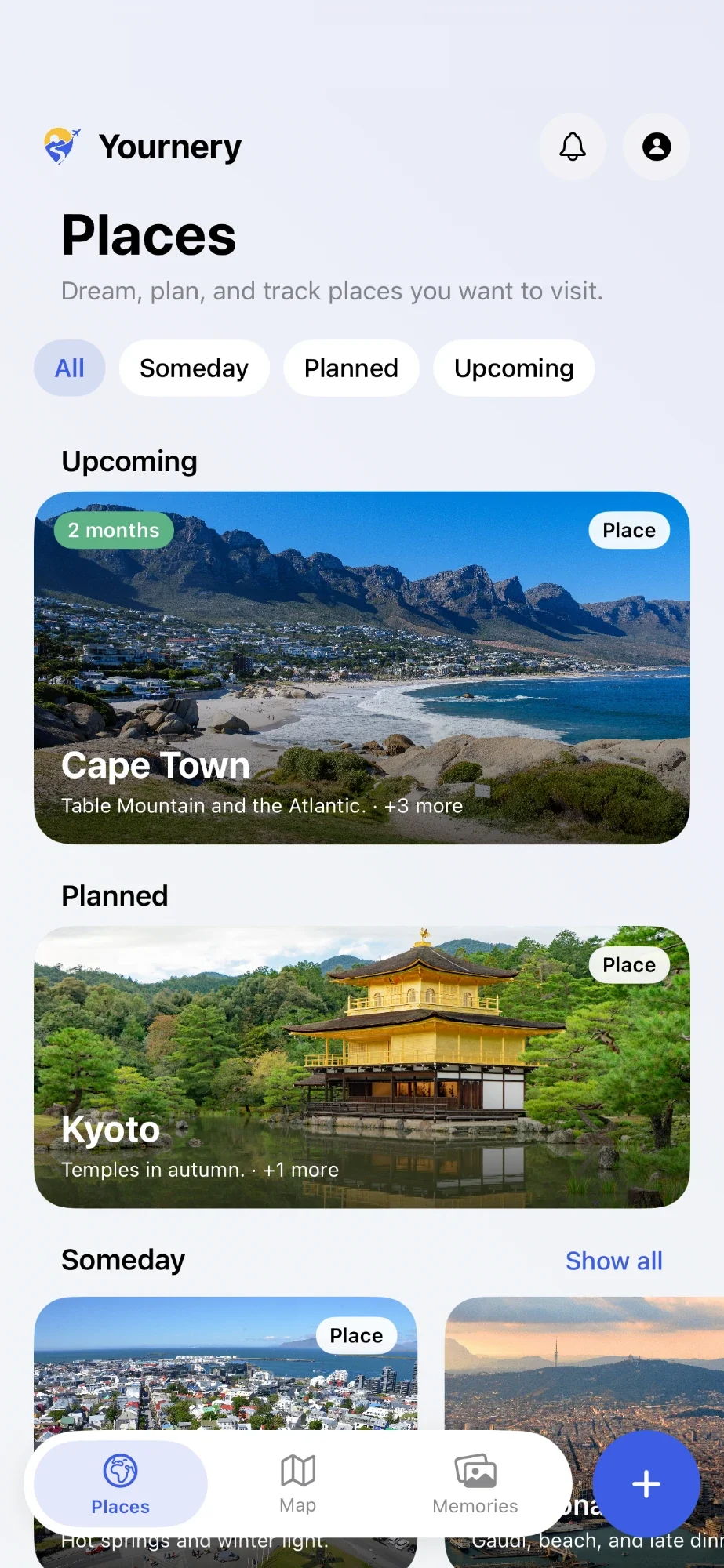 Yournery Places screen with an upcoming trip to Cape Town, a planned trip to Kyoto, and someday places.